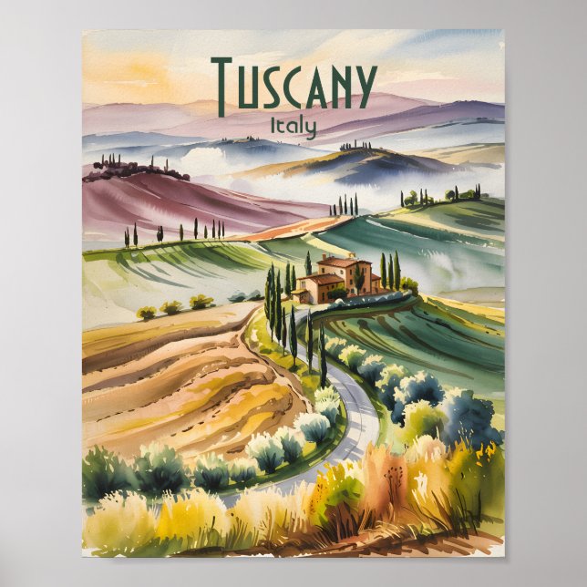 Poster Custom Tuscany Watercolor Rolling Hills Landscape (Devant)