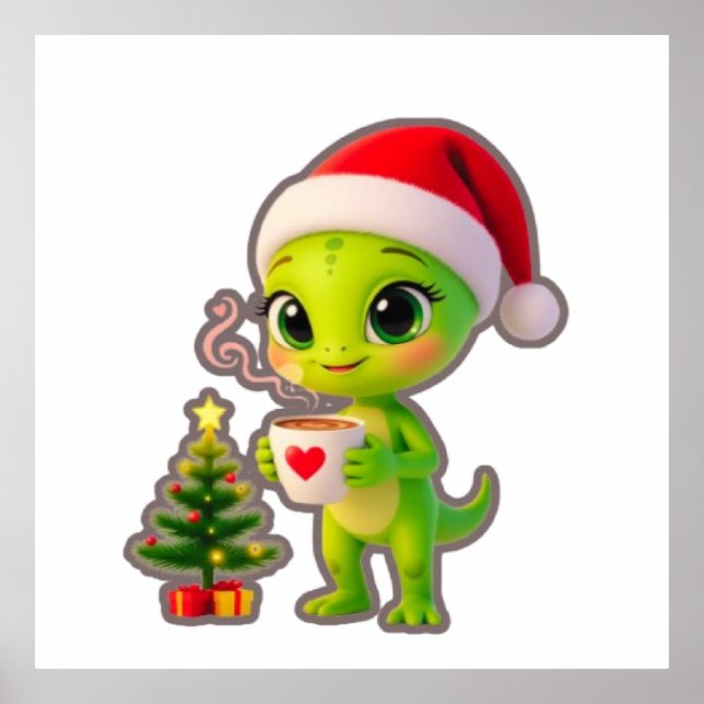 Poster **Cute 3D Green Alien in Santa Hat with Hot Chocol (Devant)