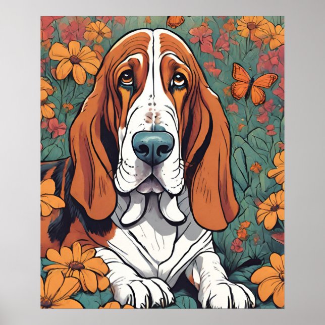 Poster Cute Ai Basset Hound et Papillon en Fleurs (Devant)