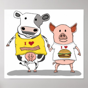 Poster Cute and Funny Cow and Pig Friends