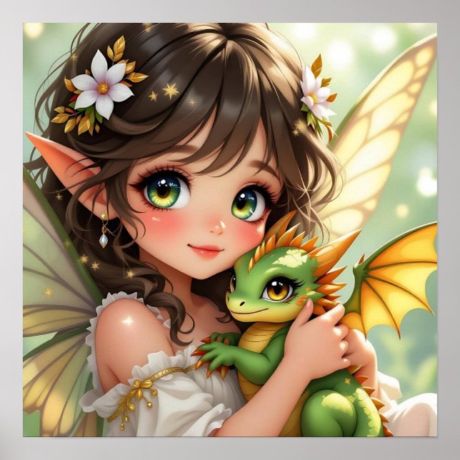 Poster Cute Anime Fairy and Chibi Dragon  (Devant)