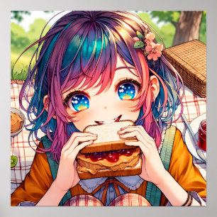 Poster Cute Anime Girl mangeant un beurre d'arachide et g