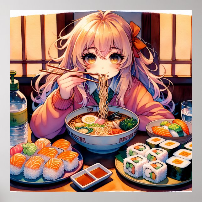 Poster Cute Anime Girl Manger Ramen et Sushi (Devant)