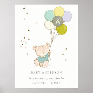 Poster Cute Aqua Bear Balloon Boys Monogramme État de nai