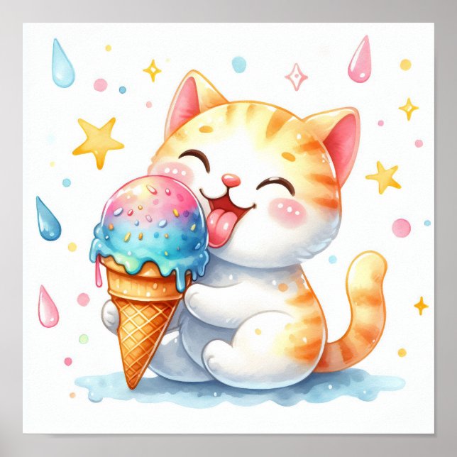 Poster Cute Aquarelle Chat Manger Crème glacée Whimsical (Devant)