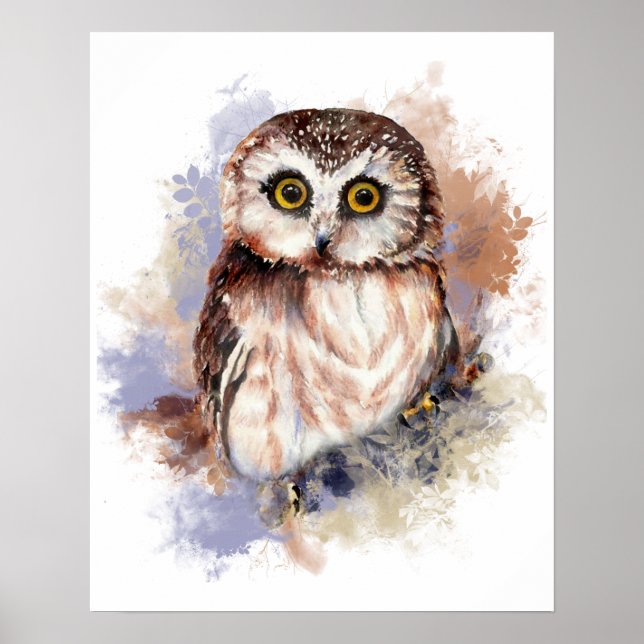 Poster Cute Aquarelle Chouette Oiseau Art de la nature (Devant)