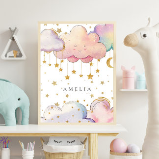 Poster Cute Aquarelle Cloud Star Baby Girl Nursery Room