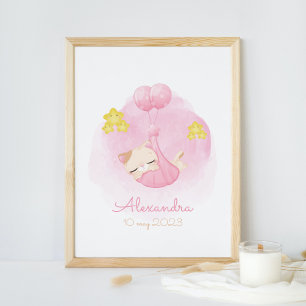 Poster Cute Aquarelle Dormir Kitten Pink Nursering Art