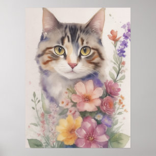 Poster Cute Aquarelle Florale Chat
