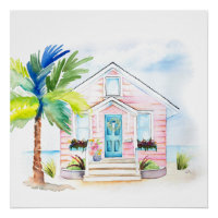 Cute Aquarelle Pink Beach House