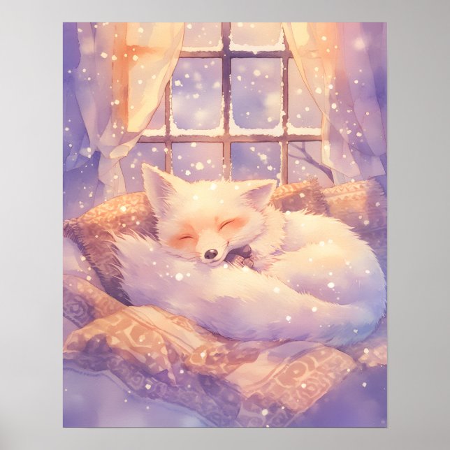 Poster Cute Arctic Fox Sleeping Nursery Wall Art Print (Devant)