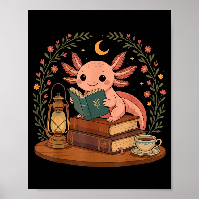 Poster Cute Axolotl Reading Books Cozy Bookworm  (Devant)