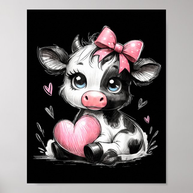 Poster Cute Baby Cow With Nk Coquette Bow Holding Heart  (Devant)