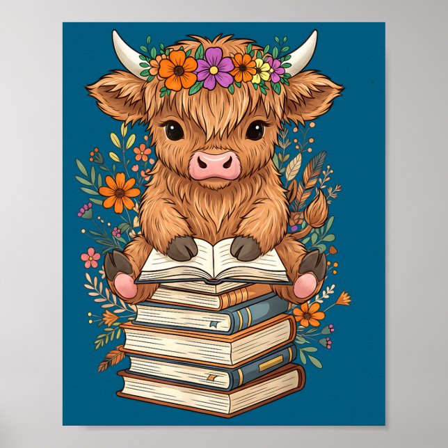Poster Cute Baby Highland Cow Reading Book Librarian Book (Devant)