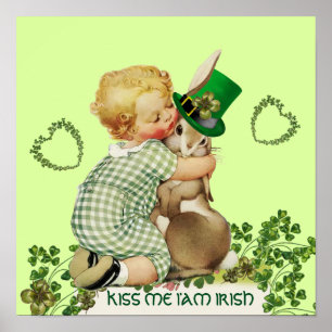 Poster CUTE BABY HUGGING RABBIT Irish St. Patrick's Day