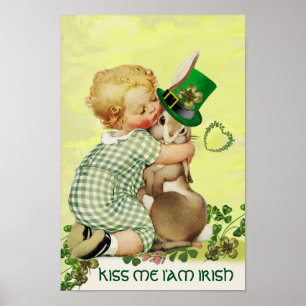 Poster CUTE BABY HUGGING RABBIT Irish St.Patrick's Day