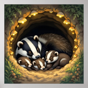 Poster Cute Badger Family Napping