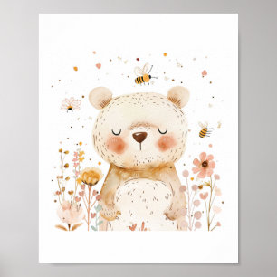 Poster Cute Bear Nursery Friends Love Animal Flowers
