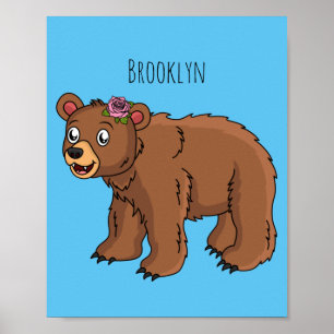 Poster Cute bear with flower cartoon illustration 