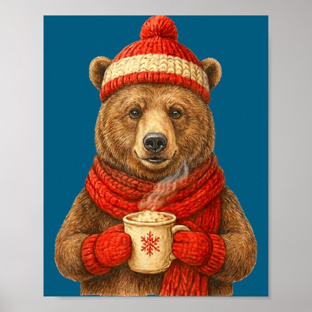 Poster Cute Bear With Santa Hat Coffee Lover Funny Winter (Devant)
