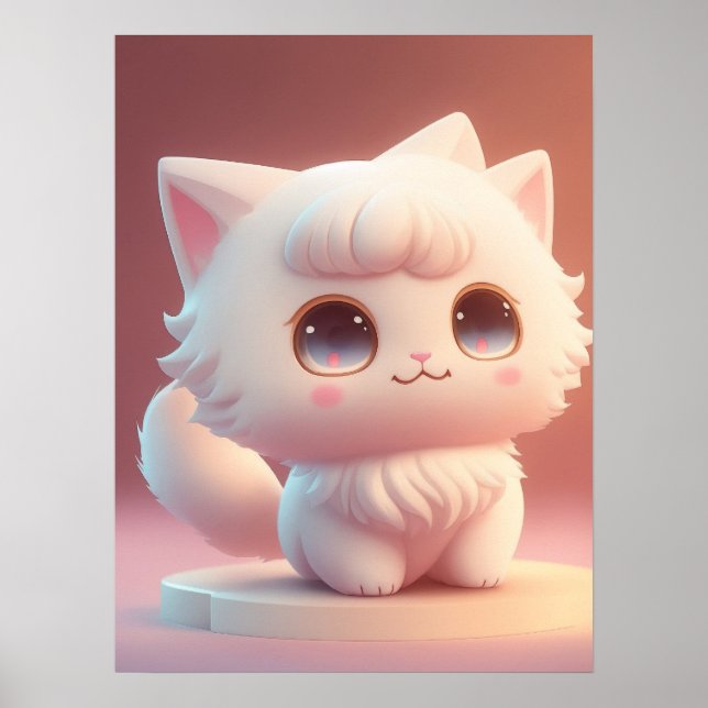 Poster Cute Big Eyes Fluffy Blanc Chat (Devant)