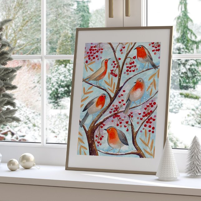 Poster Cute Bird Rouge Robin Bleu Famille de Noël (Cute Bird Red Robin Blue Christmas Family Poster)