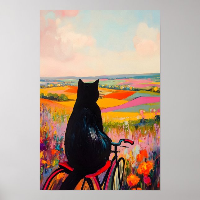 Poster Cute Black Cat Enjoying Nature with Bicycle  (Devant)