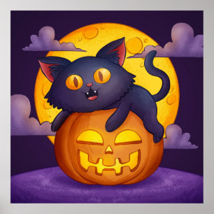 Poster Cute Black Cat, Pumpkin and Moon