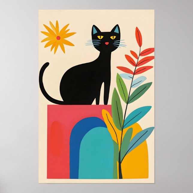 Poster Cute Black cat with Colorfull Flower (Devant)