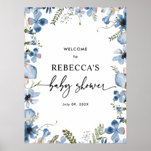 Poster Cute Bleu Baby shower Fleur sauvage Bienvenue Affi