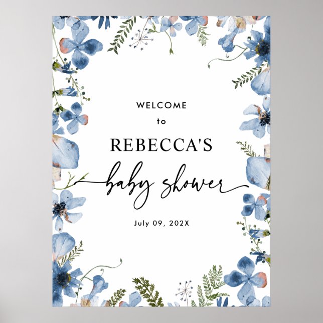 Poster Cute Bleu Baby shower Fleur sauvage Bienvenue Affi (Devant)