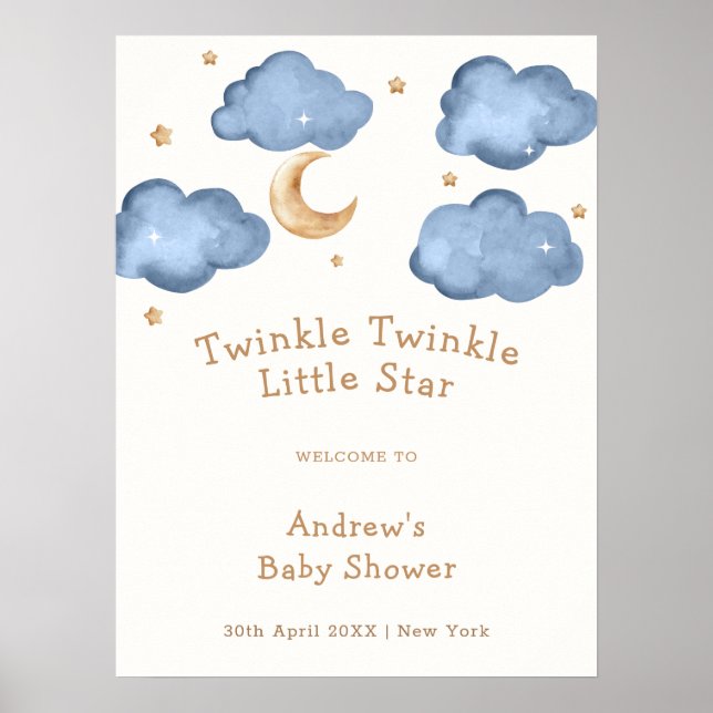 Poster Cute Blue Moon Stars Twinkle Baby shower Bienvenue (Devant)