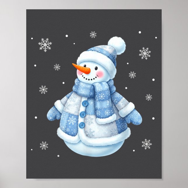 Poster Cute Blue Snowman With Snowflakes Winter Christmas (Devant)