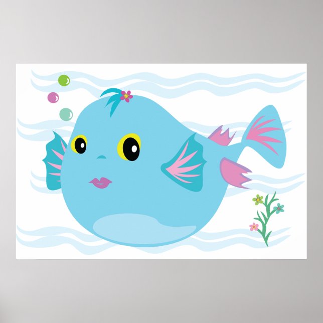 Poster Cute Blue Tropical Fish Pink Fins (Devant)