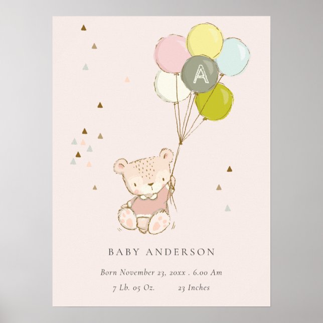 Poster Cute Blush Bear Balloon Girly Monogram Bébé (Devant)