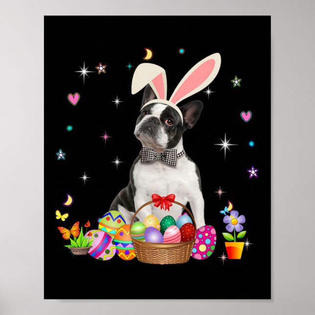 Poster Cute Boston Terrier Jour de Pâques Oeufs de lapin  (Devant)