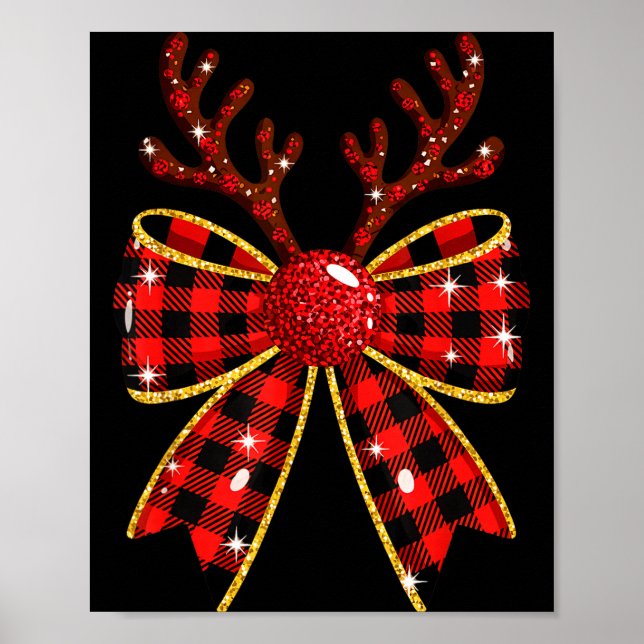 Poster Cute Buffalo Plaid Coquette Bow Reindeer Christmas (Devant)