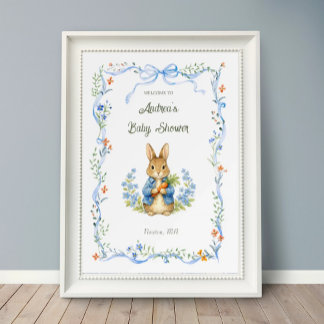 Poster Cute Bunny Boy Floral Blue Bow Baby Shower Welcome