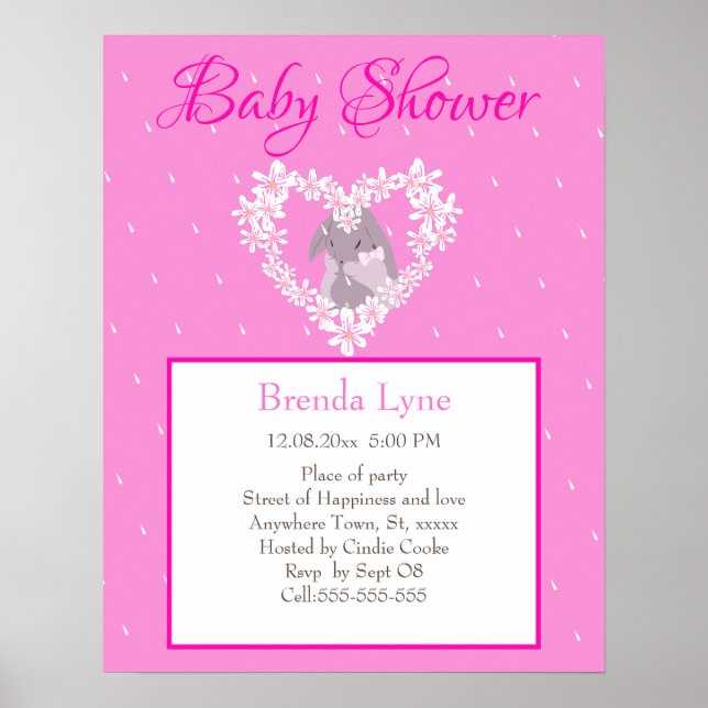 Poster Cute Bunny Girl Baby shower rose (Devant)
