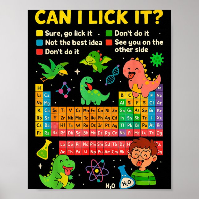 Poster Cute Can I Lick It Dino Periodic Table Science Hum (Devant)