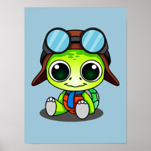 Poster Cute Cartoon Turtle in Aviator Hat