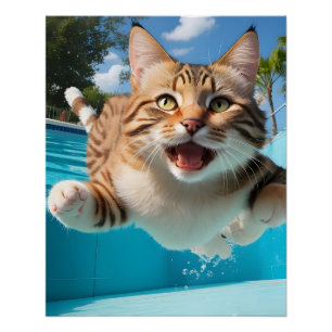 Poster Cute Cat Flying Natation Plongée dans la piscine A