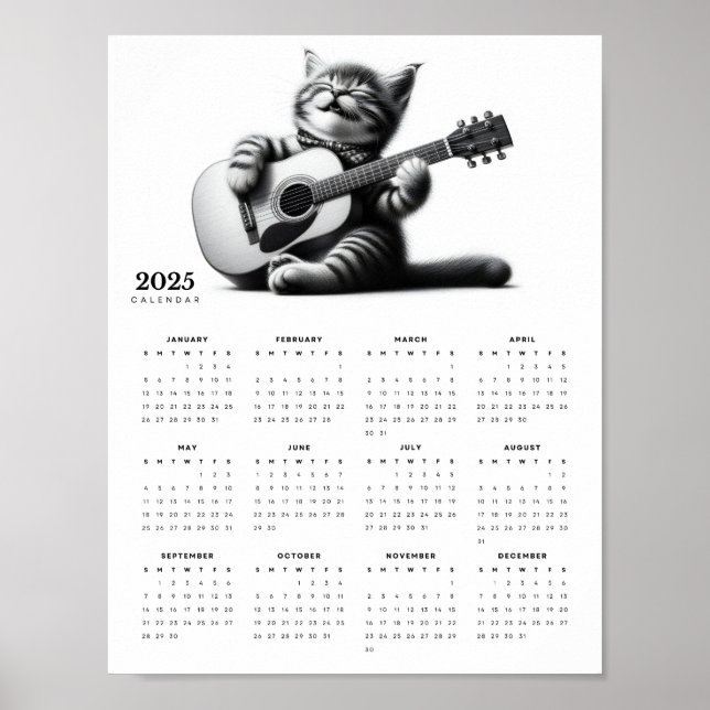 Poster Cute Cat Guitariste Portant une Écharpe Calendrier (Devant)