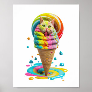 Poster Cute Cat Ice Cream Cone coloré