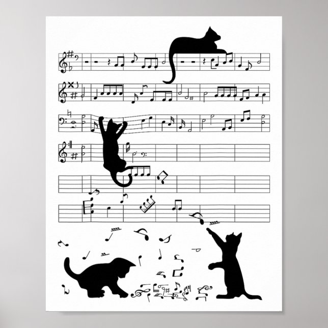 Poster Cute Cat Kitty Playing Music Note Clef (Devant)
