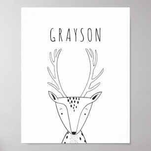 Poster Cute cerf personnalisé Noir Blanc Pépinière Imprim