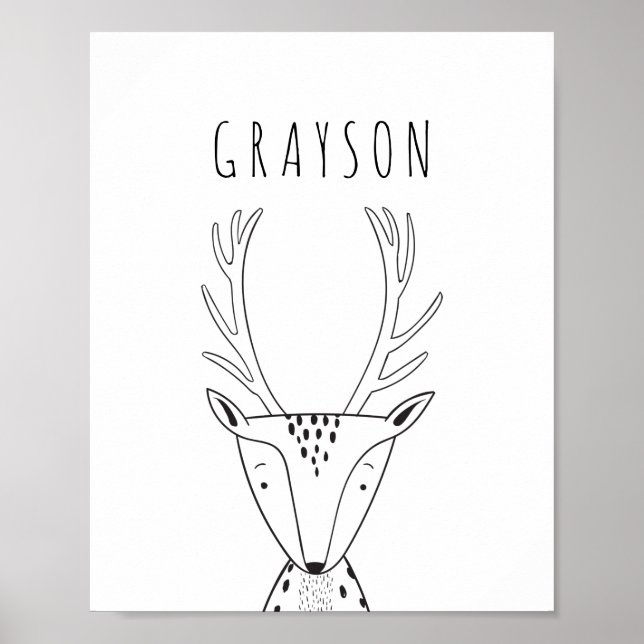 Poster Cute cerf personnalisé Noir Blanc Pépinière Imprim (Devant)