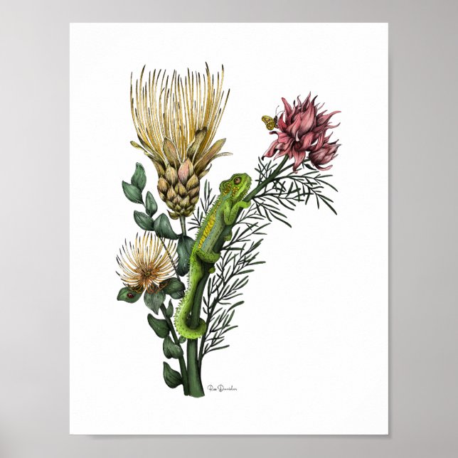 Poster Cute Chameleon dans Protea Floral Bouquet Botaniqu (Devant)