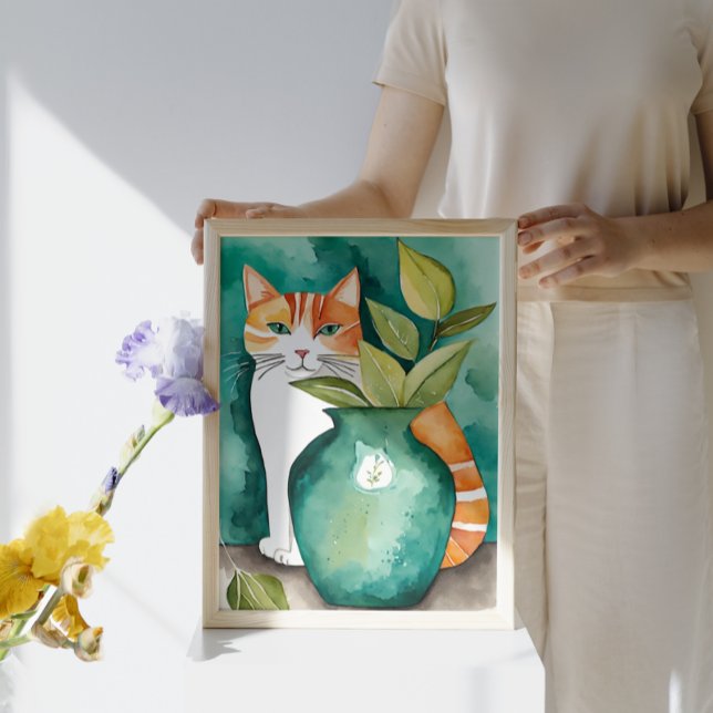 Poster Cute chat et Turquoise Vase vert Aquarelle botaniq (Créateur téléchargé)