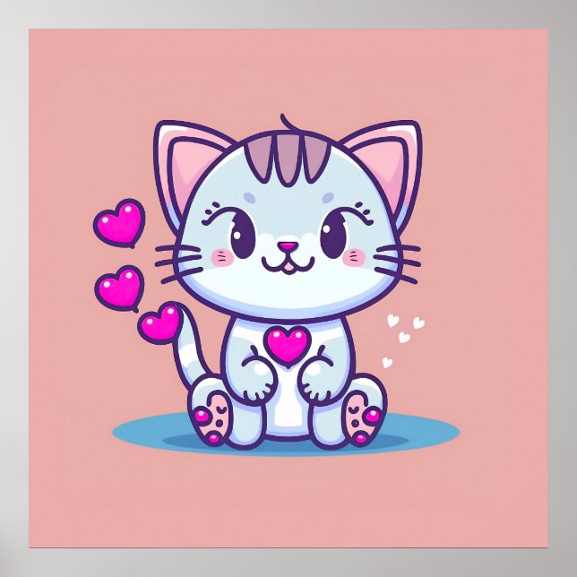 Poster Cute Chat Kitten avec Coeurs Valentine Inspiré | (Devant)